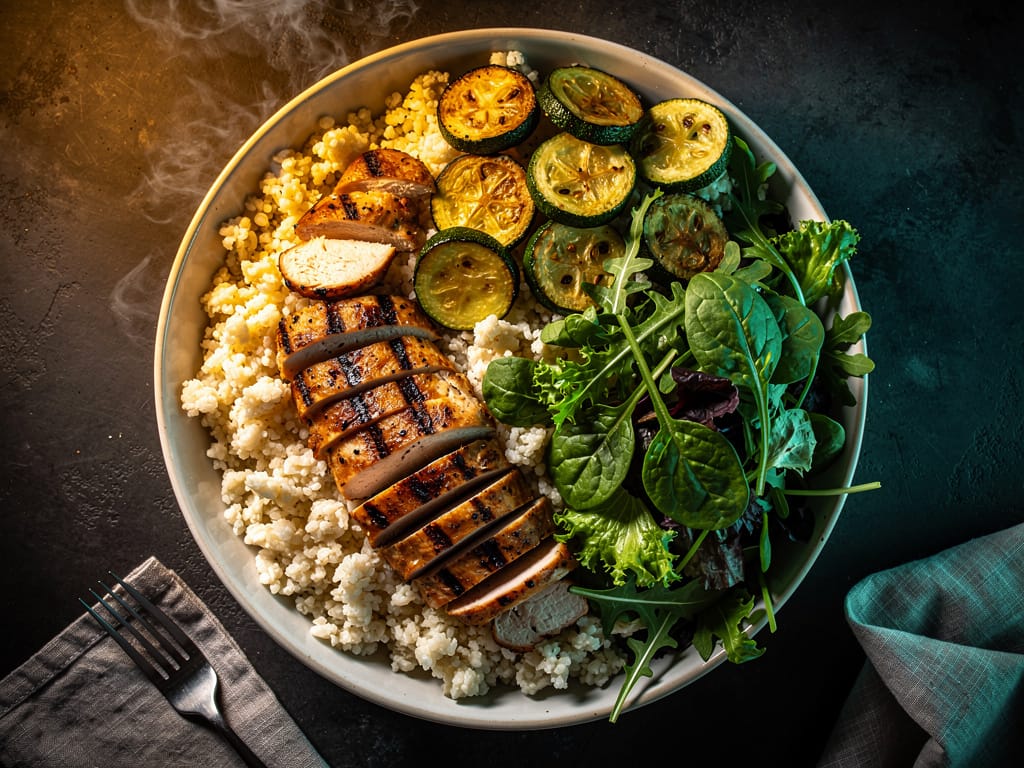 High-volume meal bowl with cauliflower rice and grilled chicken