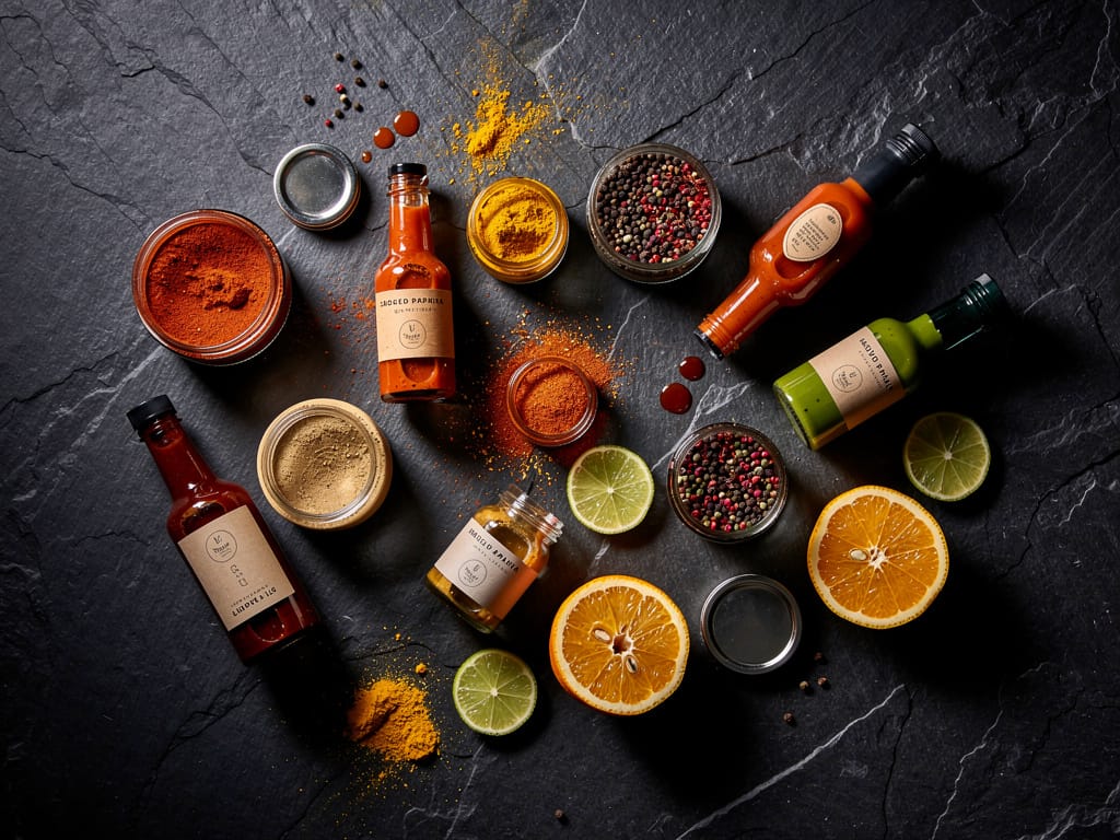 An organized collection of spices, hot sauces, and citrus for flavor hacking.