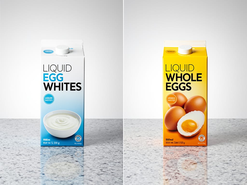 Two cartons of liquid eggs, whites and whole, side-by-side for comparison