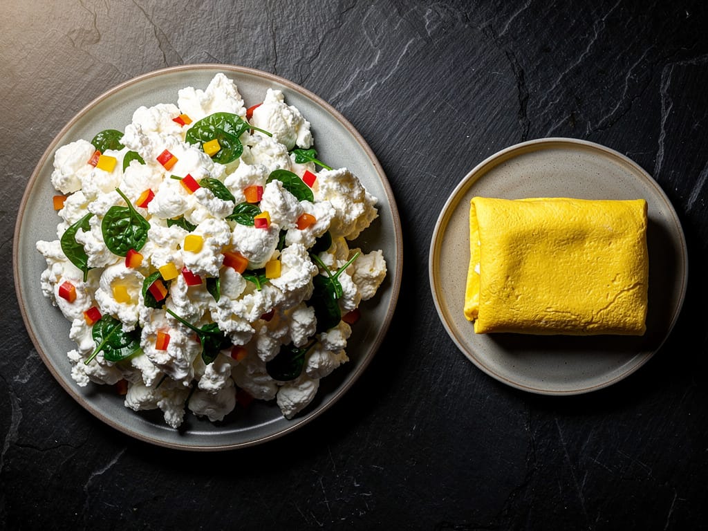 A visual comparison of a large egg-white scramble versus a smaller whole-egg omelet