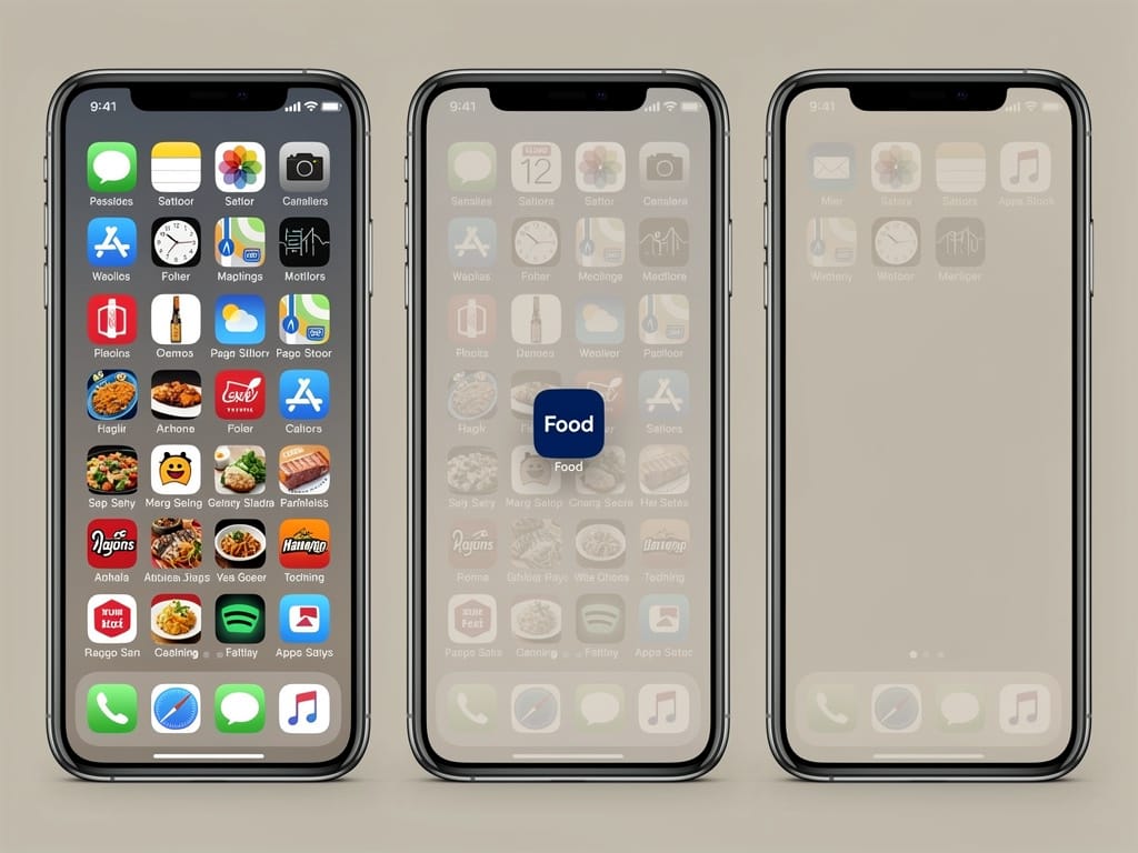 A series of three phone screens showing the process of decluttering food delivery apps.