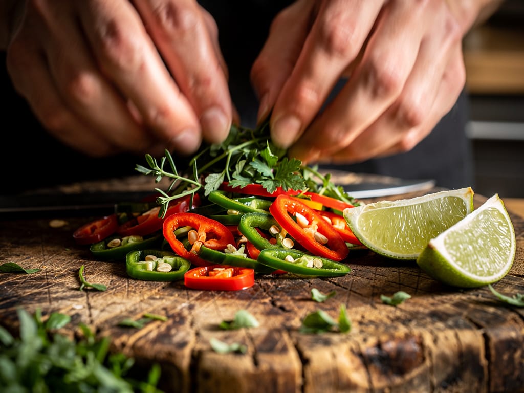 Chef's hands preparing fresh herbs, chilis, and limes for cooking.