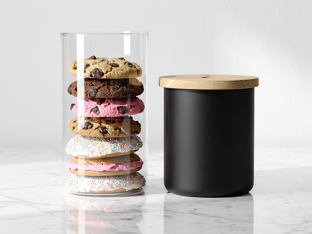 A clear glass jar of cookies next to a black opaque canister on a kitchen counter