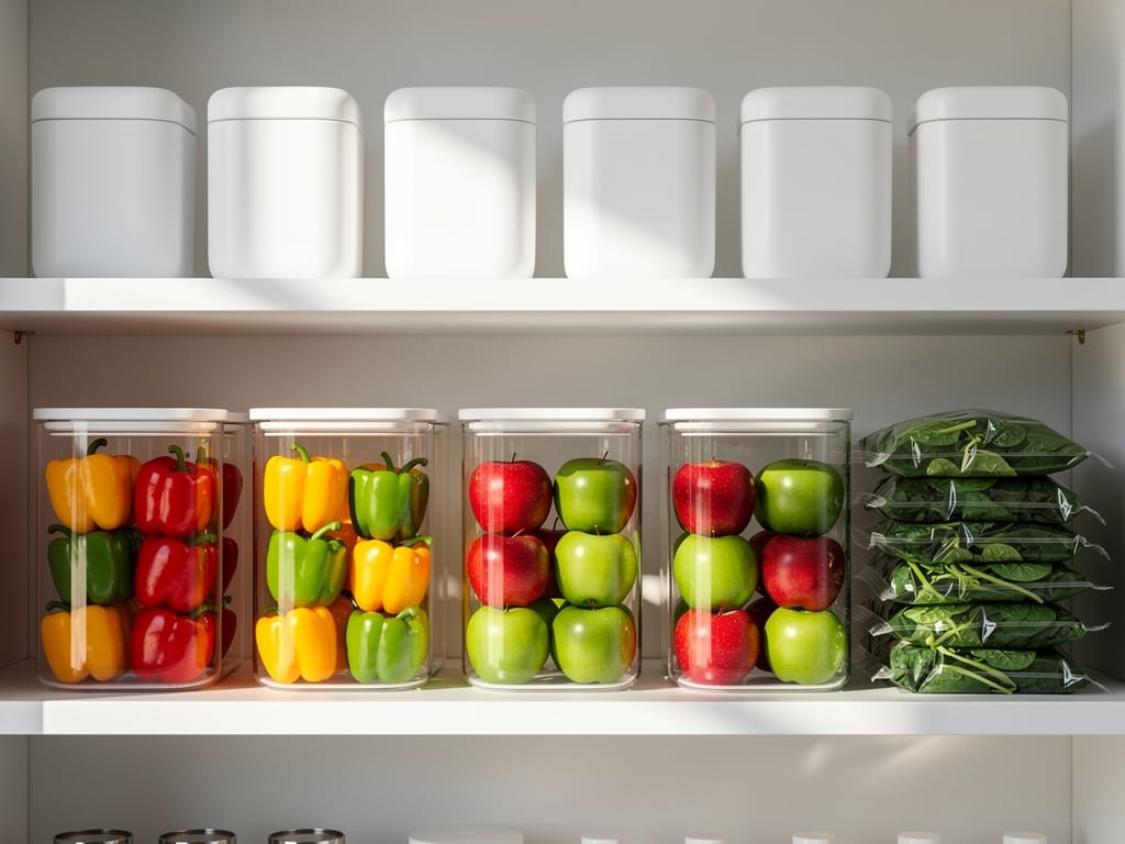 An organized pantry with healthy foods in clear containers at eye-level and other items in opaque containers on a higher shelf