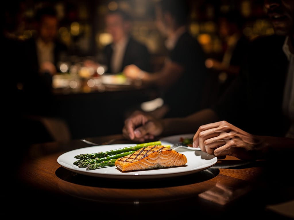 A perfectly composed plate of grilled salmon and vegetables at a restaurant