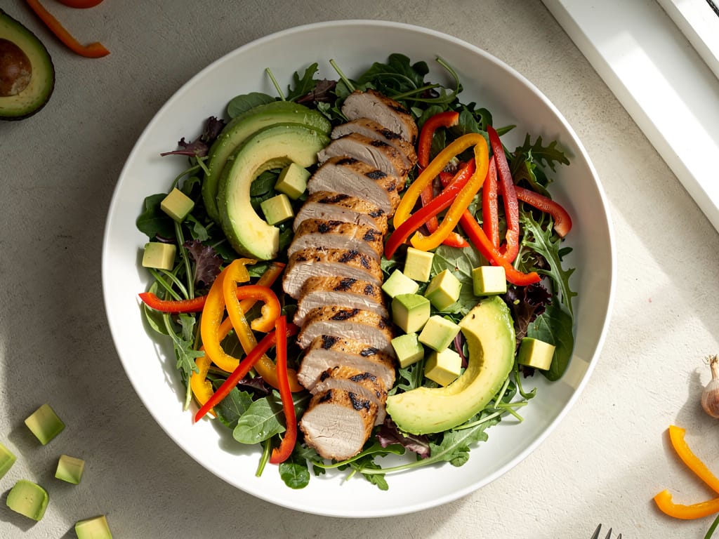 A large, healthy salad bowl with grilled chicken and fresh vegetables