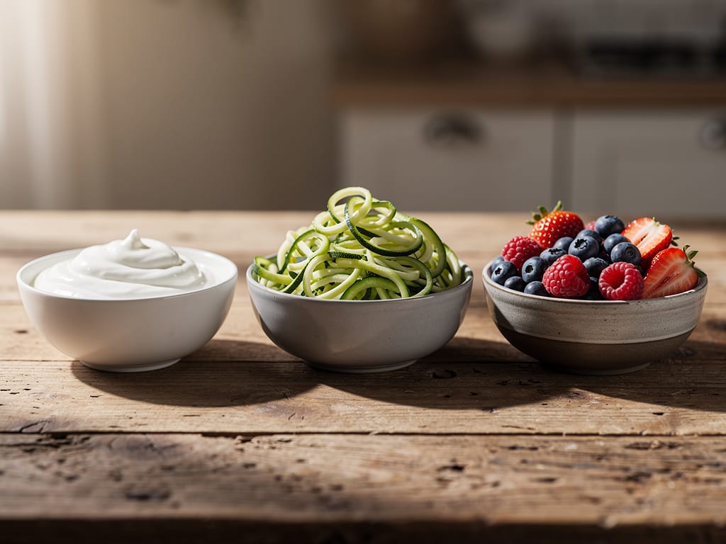 Three bowls containing Greek yogurt, zucchini noodles, and berries for a high-volume meal