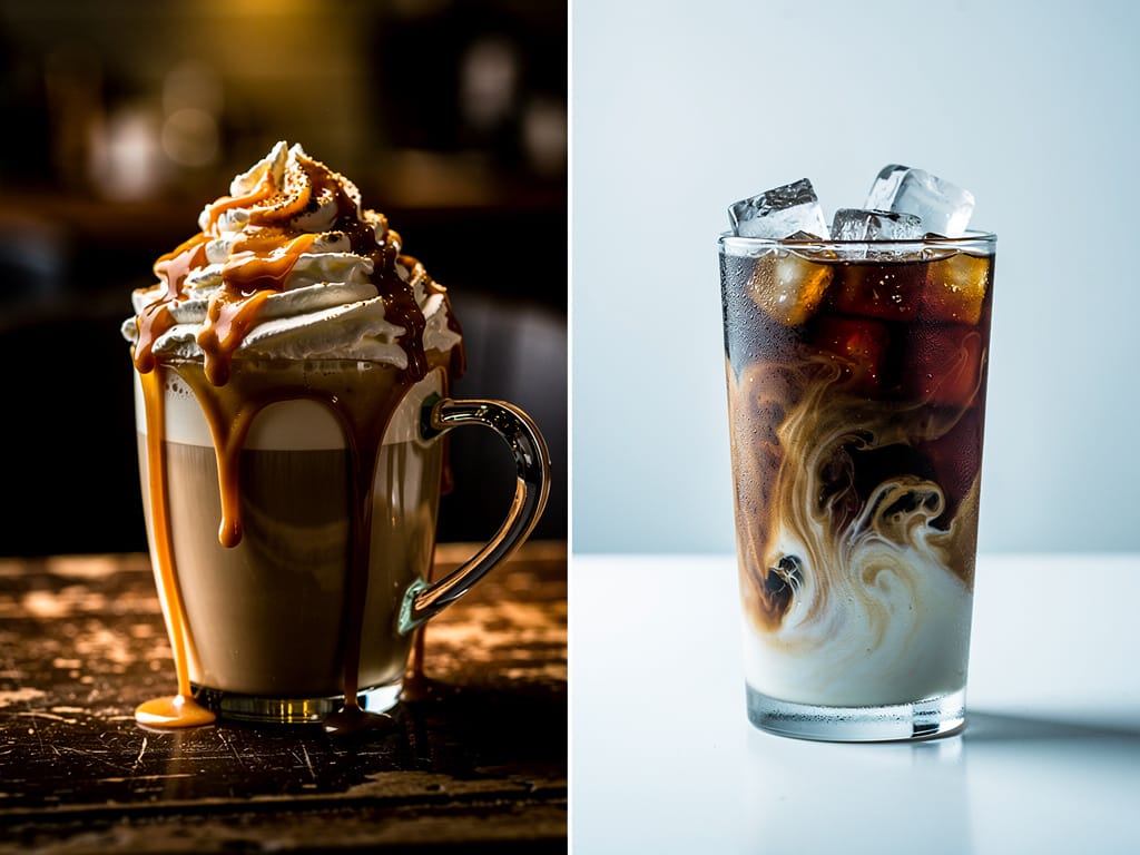 A comparison of a high-calorie fancy latte and a low-calorie strategic coffee.