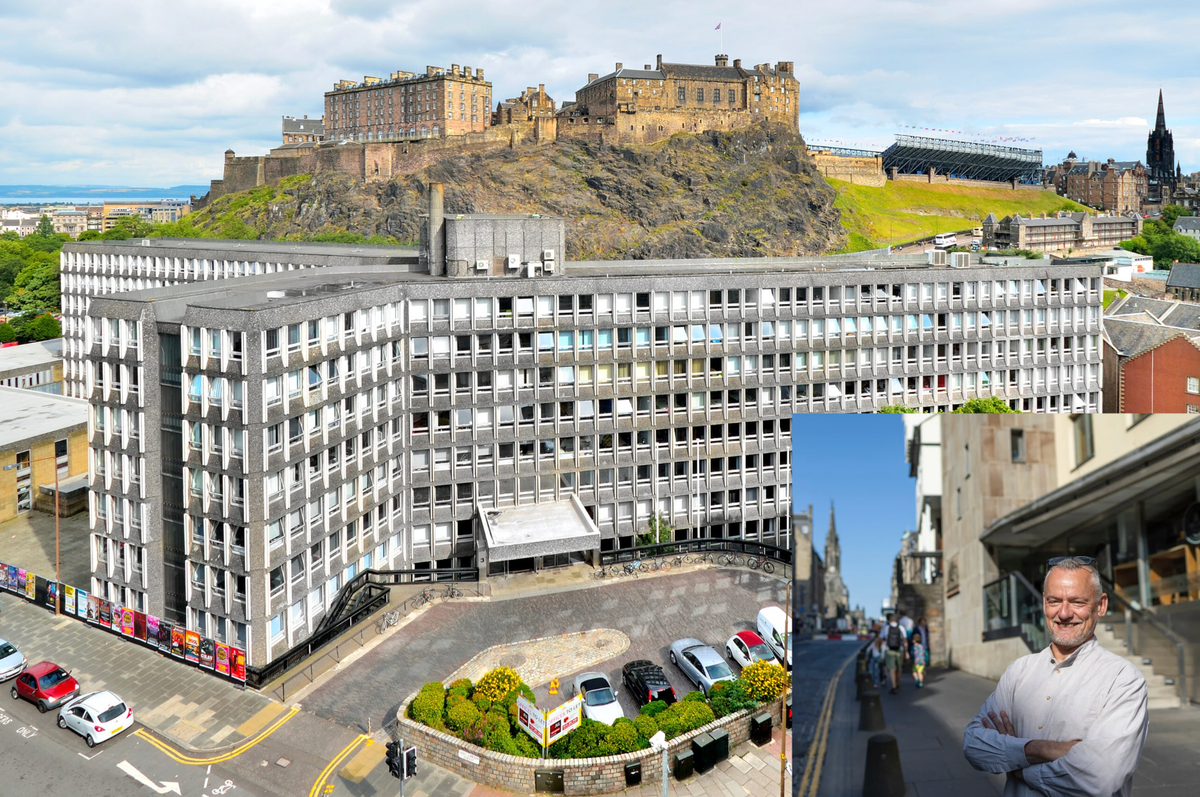 A large office building in the foreground and a castle in the background, plus an inserted overlay image of a person standing in a street. 