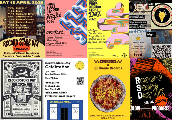 A collage of eight posters advertising various Record Store Day events in Edinburgh. 