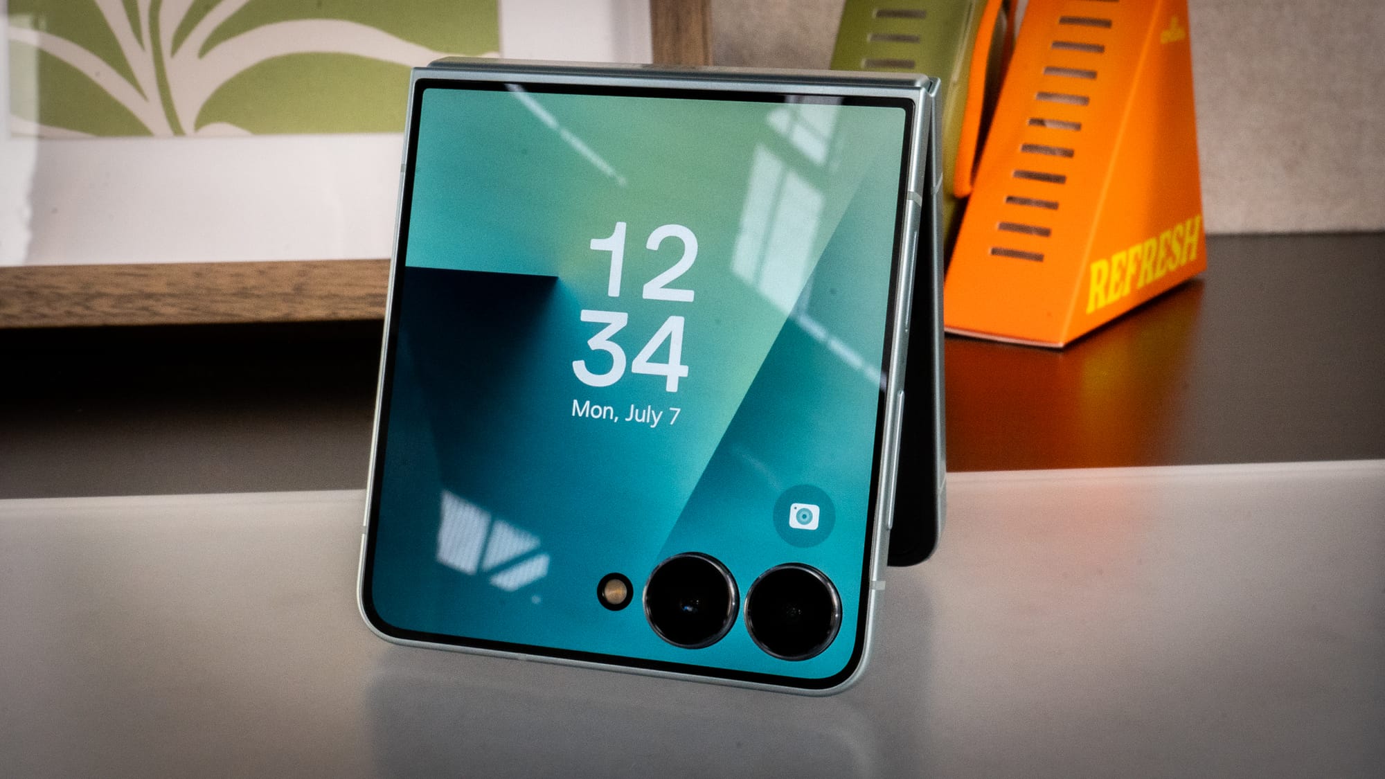 A photo of hte Z Flip 7 in tent pole mode