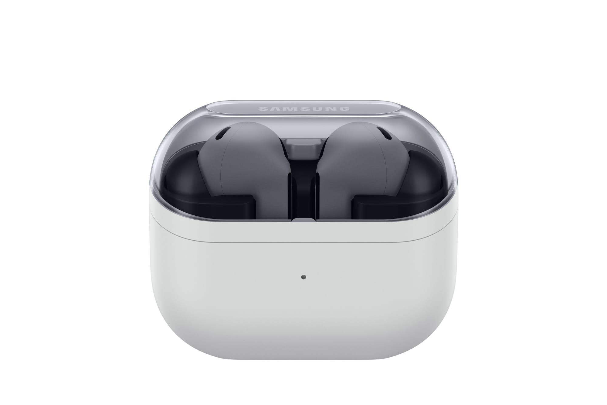 A photo of the Galaxy Buds 3 FE's charging cradle in white-ish gray-ish.