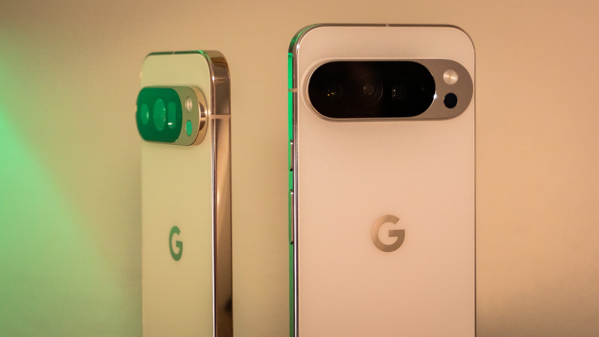 A photo of the Pixel 10 Pro and Pro XL side by side