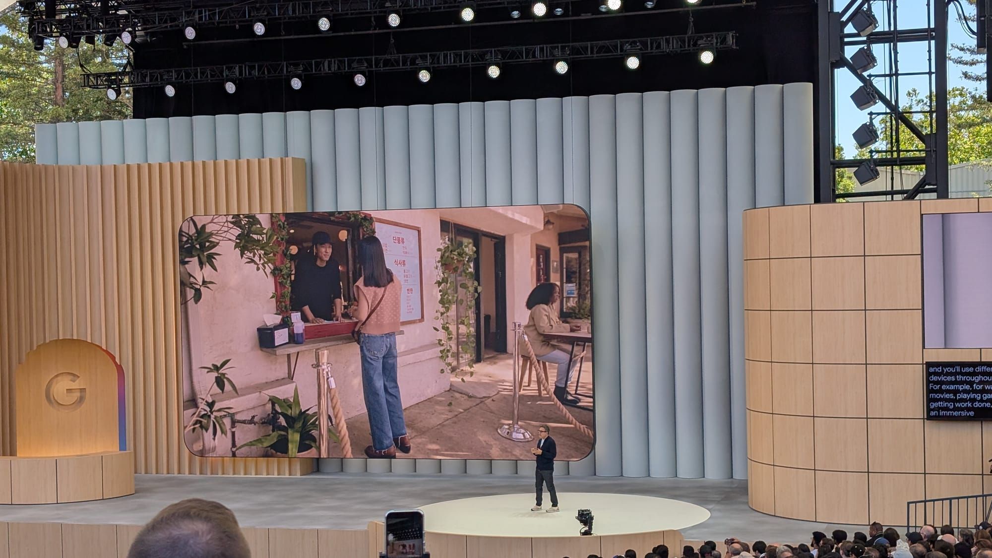 A photo of a Google executive on stage at Google I/O 2025