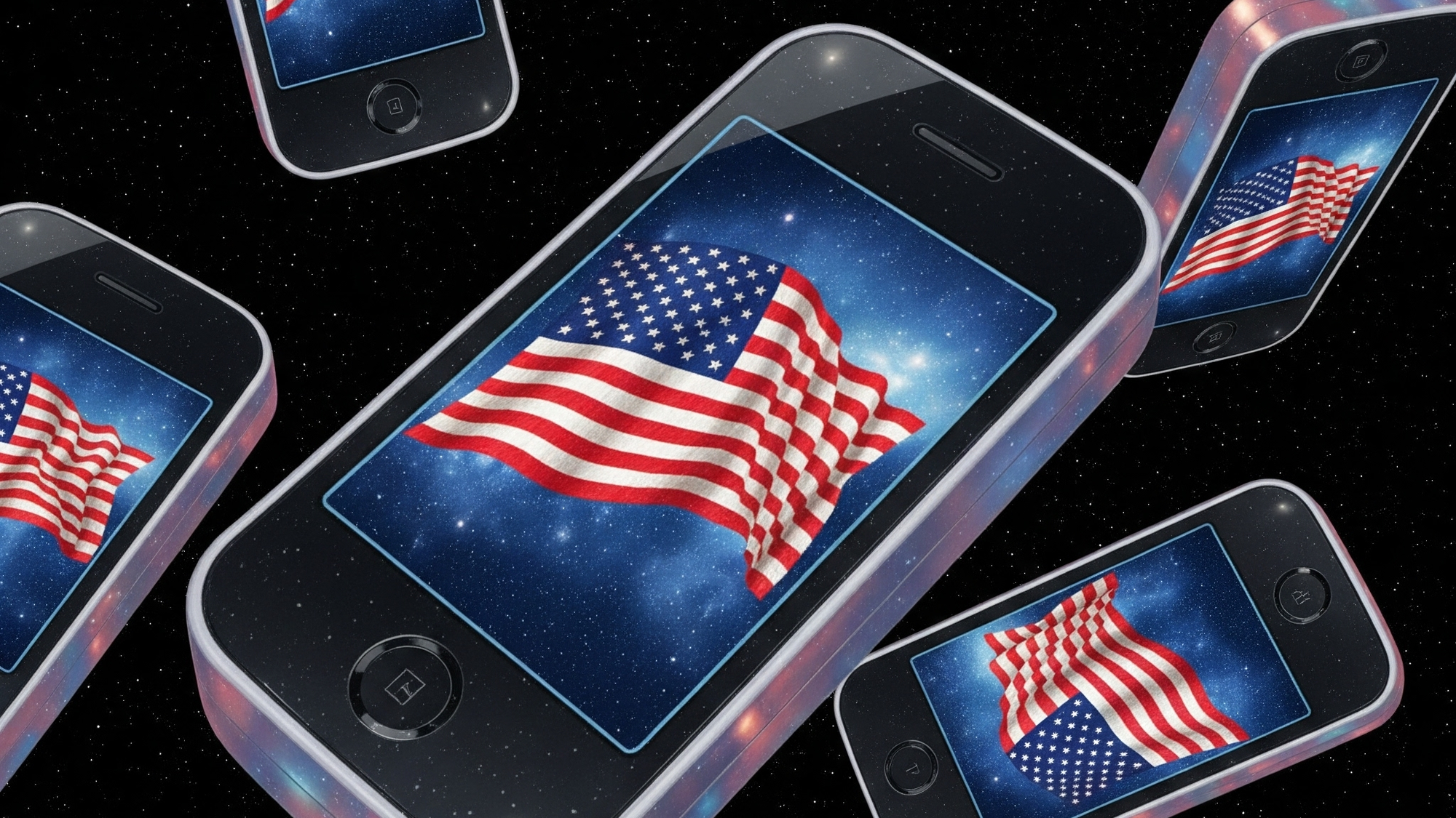 A photo of flying patriotic smartphones. AI generated.