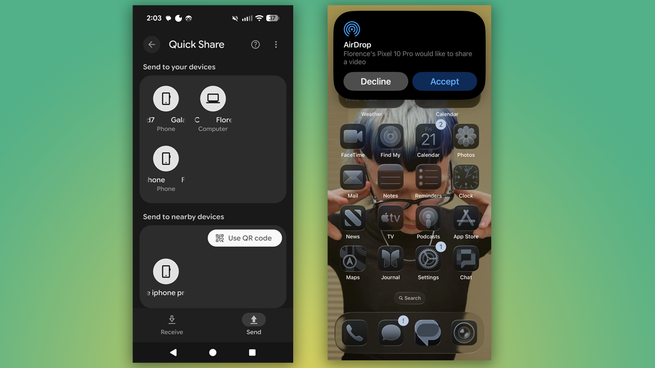 a photo showing the Quick Share interface when AirDrop is available and the iOS interface when Airdrop is successful 