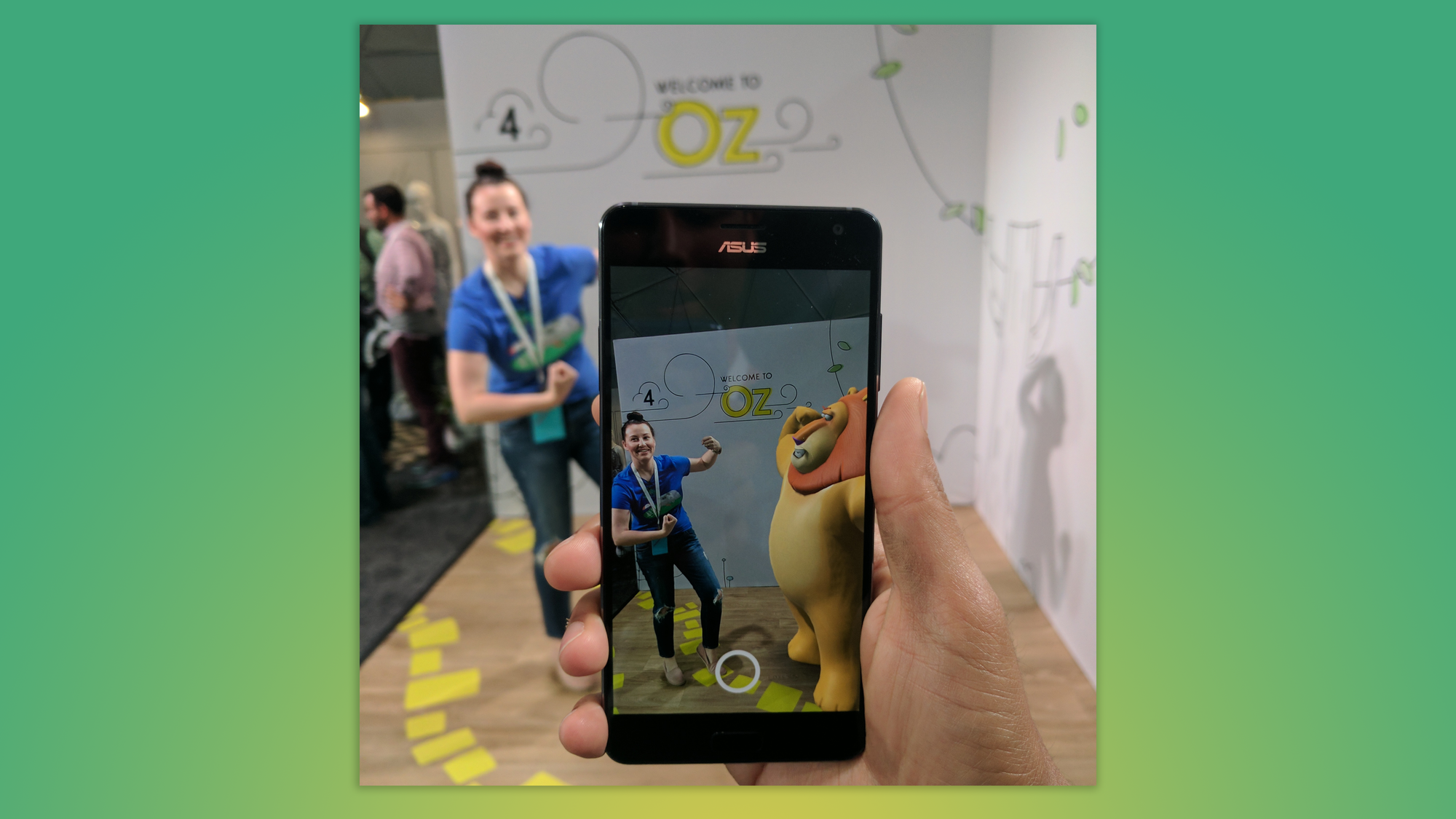 A photo of the author being goofy with an AI character on a now defunct ASUS Android phone