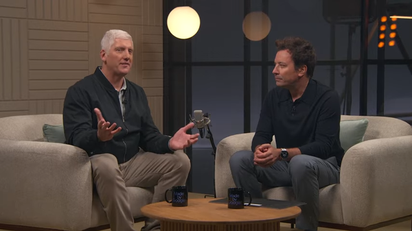 A screensof Rick Osterloh explaining something to Jimmy Fallon at the made by google event