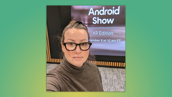 A photo of the author trying on a pair of Android XR smart glasses