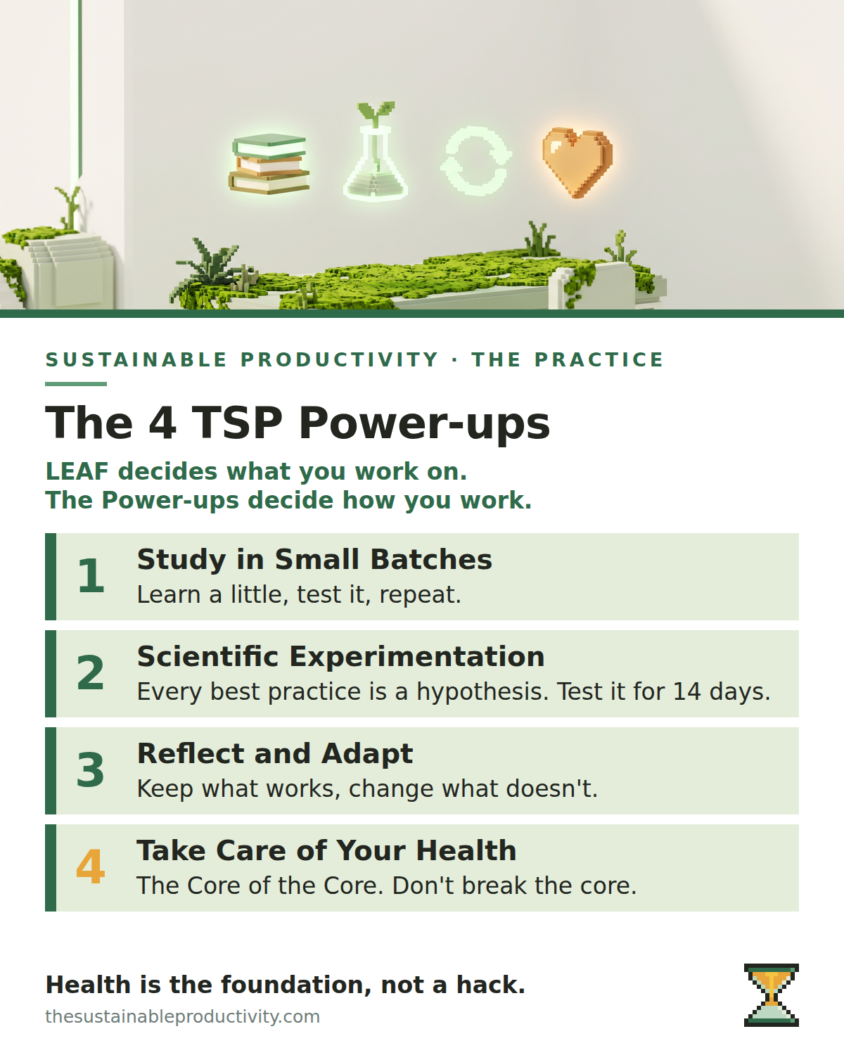 Infographic of the 4 TSP Power-ups: Study in Small Batches, Scientific Experimentation, Reflect and Adapt, and Take Care of Your Health.