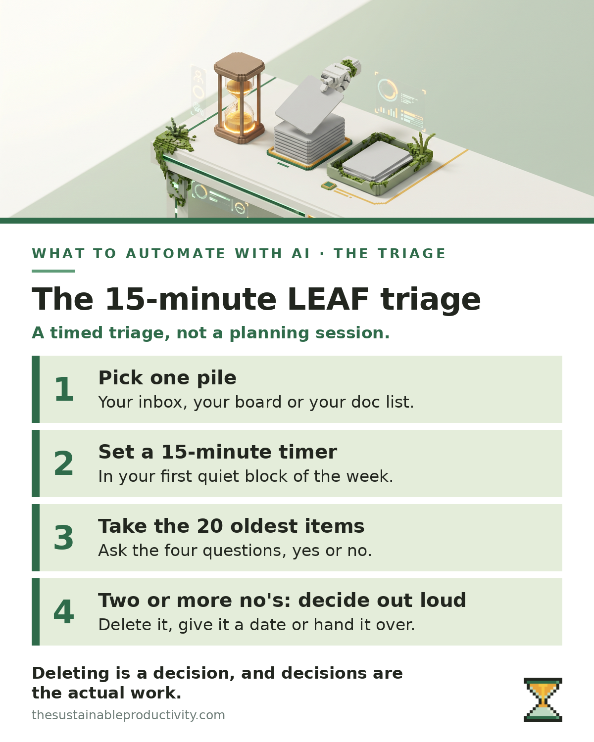 Infographic of a 15-minute LEAF triage: pick one pile, set a timer, take the 20 oldest items and ask the four questions, then decide out loud on anything with two or more no's.