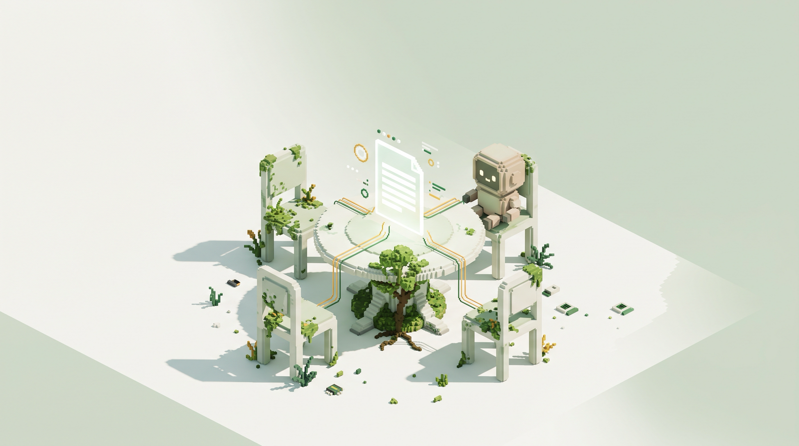 Voxel art of a round table with a glowing page at its center, three empty chairs and a small robot seated around it.