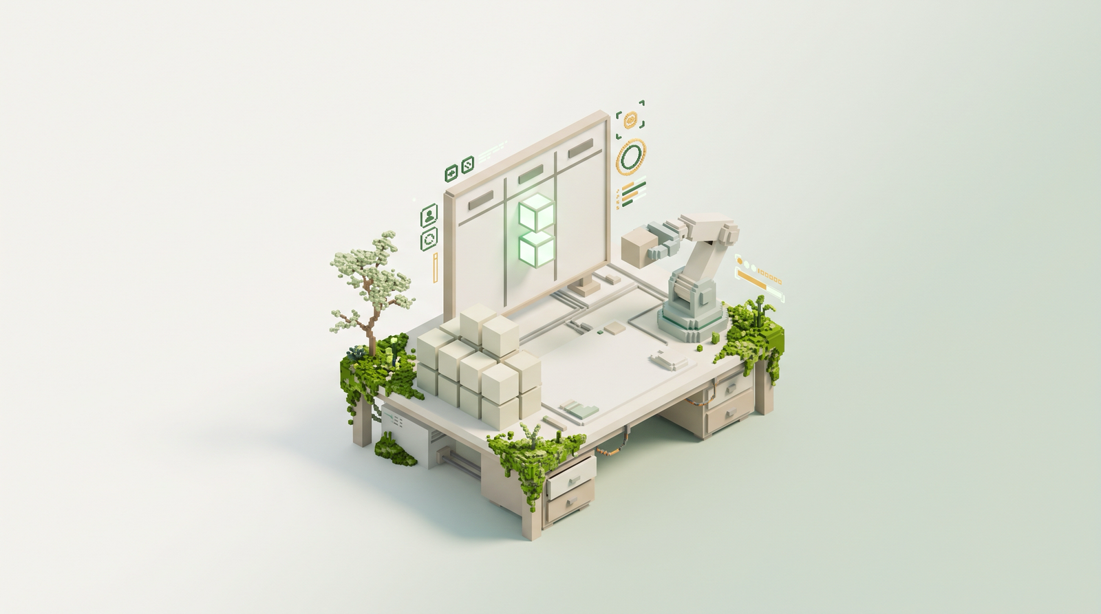 Voxel art of a small board on a desk with two glowing cubes in its middle column, a stack of cubes waiting beside it and a robot arm paused holding one more.