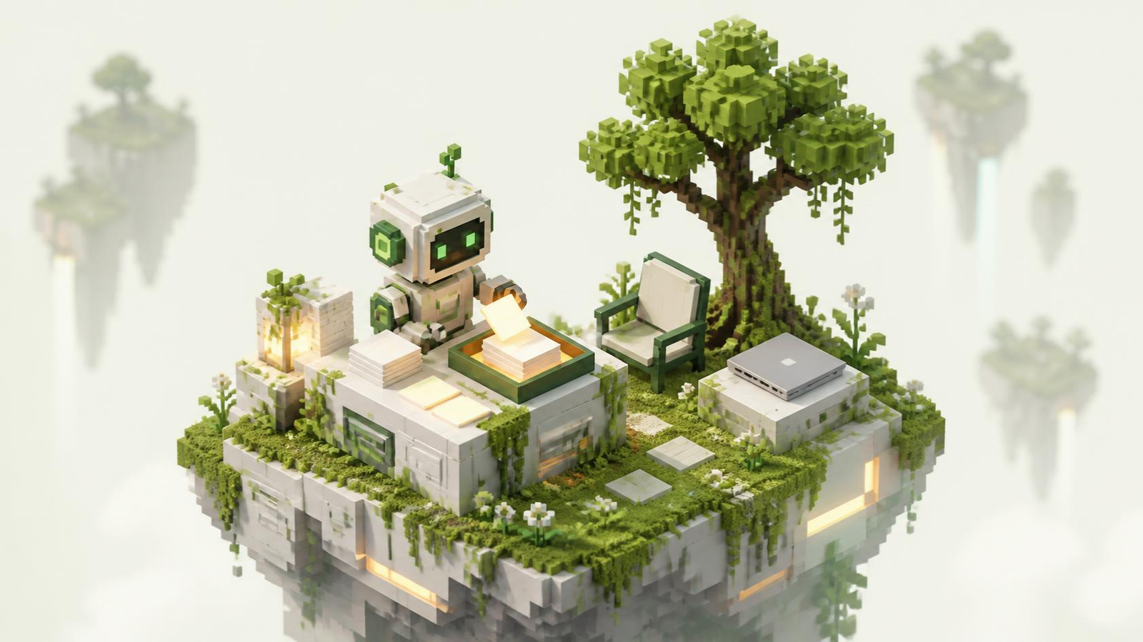 Voxel-art robot sorting glowing tiles into one tray at a mossy desk while the human's chair sits empty under a small tree.