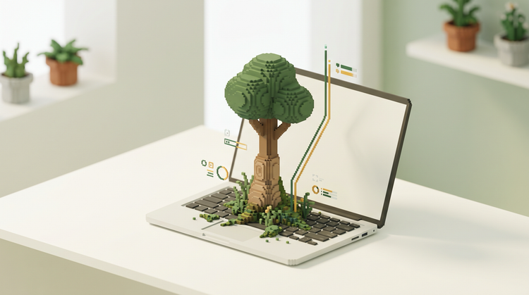 Voxel art of a small tree growing through an open laptop on a bright, airy desk, with moss on the keyboard and a soft green and amber glow.