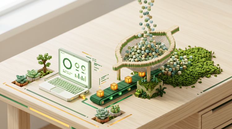 Voxel art of a leaf-shaped sieve on a bright desk, letting only a few glowing cubes through to a small laptop while the rest settle into moss.