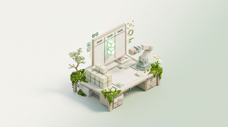 Voxel art of a small board on a desk with two glowing cubes in its middle column, a stack of cubes waiting beside it and a robot arm paused holding one more.