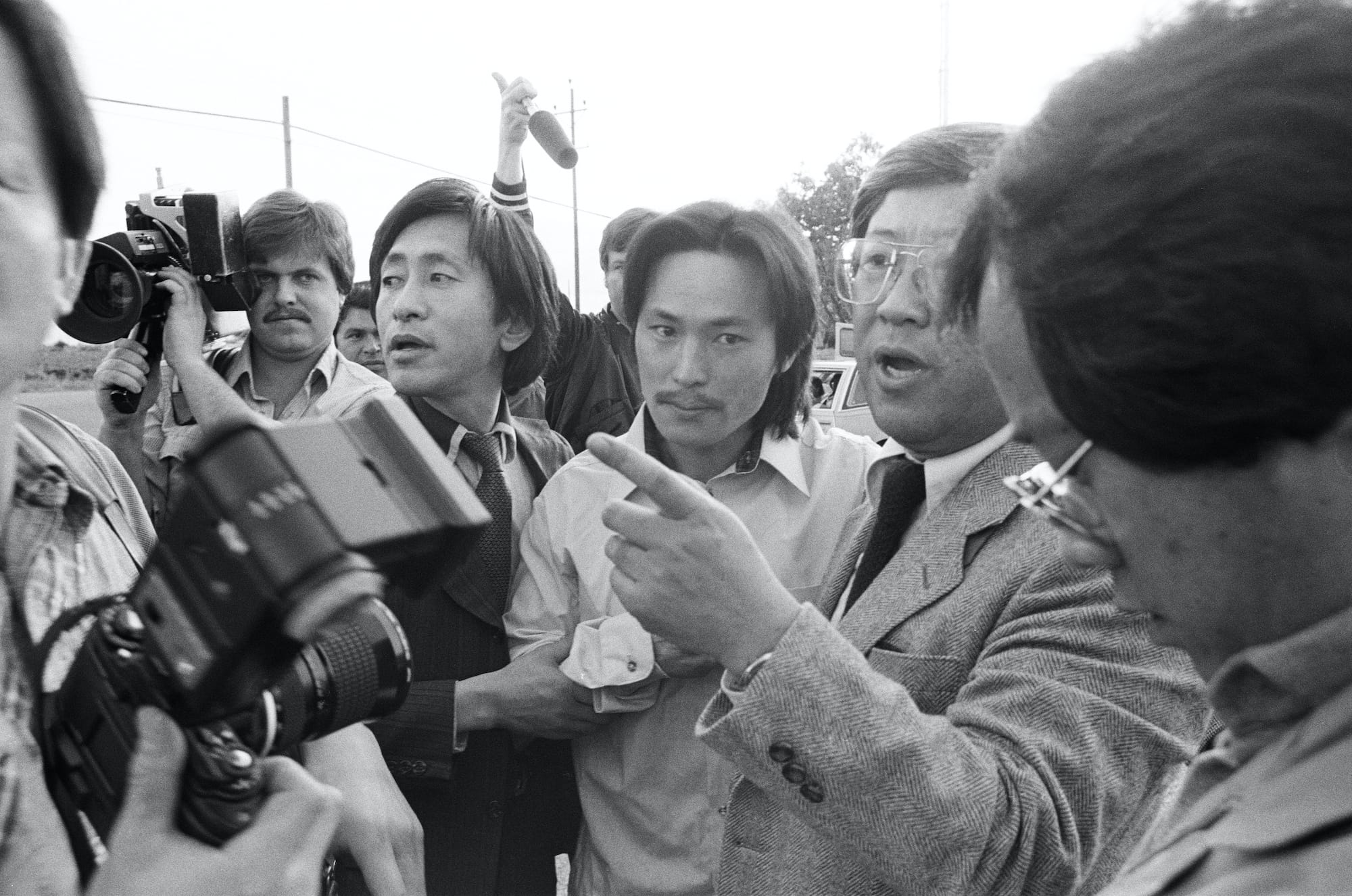 Chol Soo Lee surrounded by news crews after he is released from prison on March 28, 1983. 
