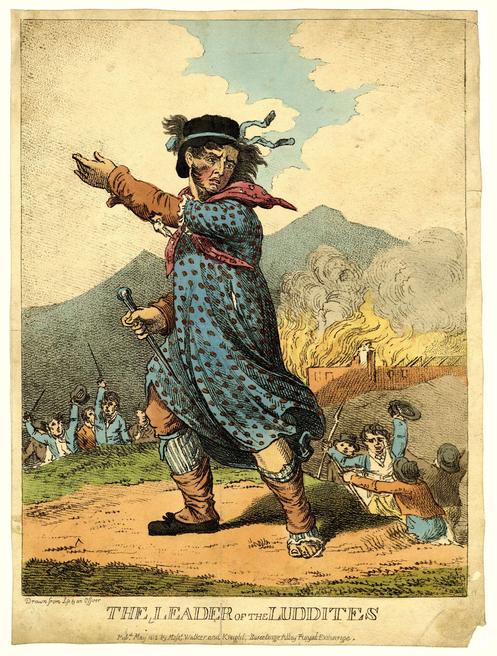 The Leader of the Luddites, a hand-colored etching published in 1812.