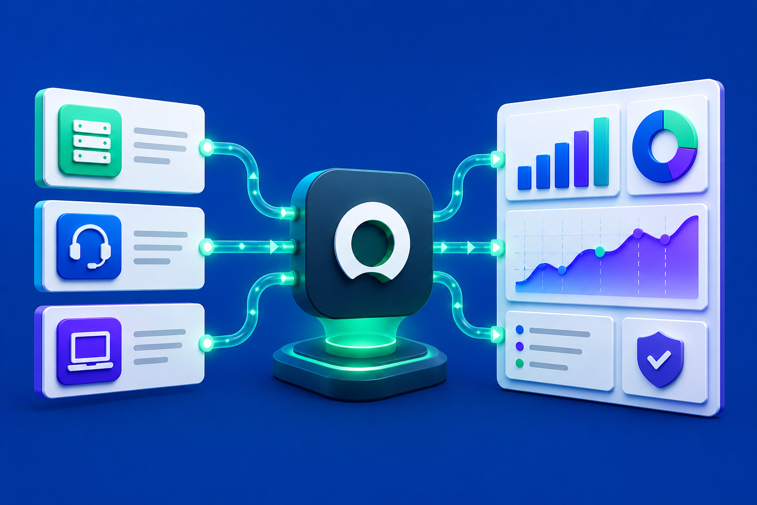 3D illustration of an ITSM data connector linking operational systems to analytics dashboards on a clean blue background.