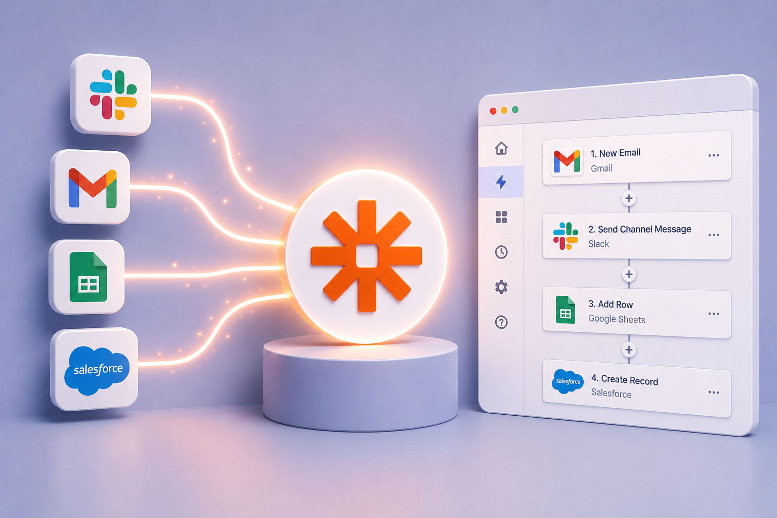 3D illustration of a Zapier automation workflow connecting Gmail, Slack, Google Sheets, and Salesforce through a multi-step automated process interface.