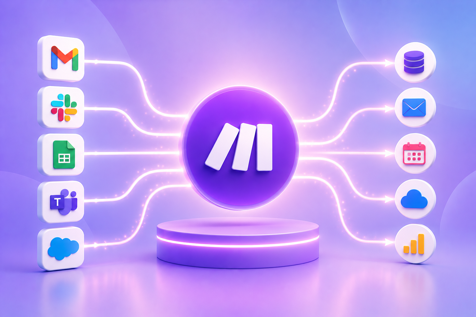 3D illustration of a Make automation hub connecting business applications to email, database, calendar, cloud storage, and analytics tools through automated workflows.