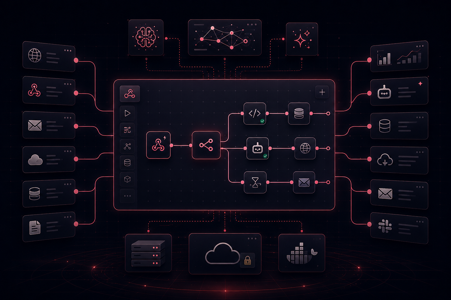n8n-style workflow automation dashboard with interconnected nodes, AI tools, integrations, and data flows on a dark futuristic interface.