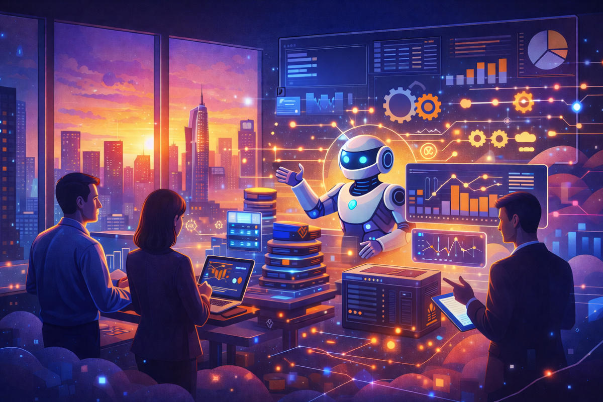 Illustration of AI data automation platform architecture with analytics dashboards and reporting workflows.