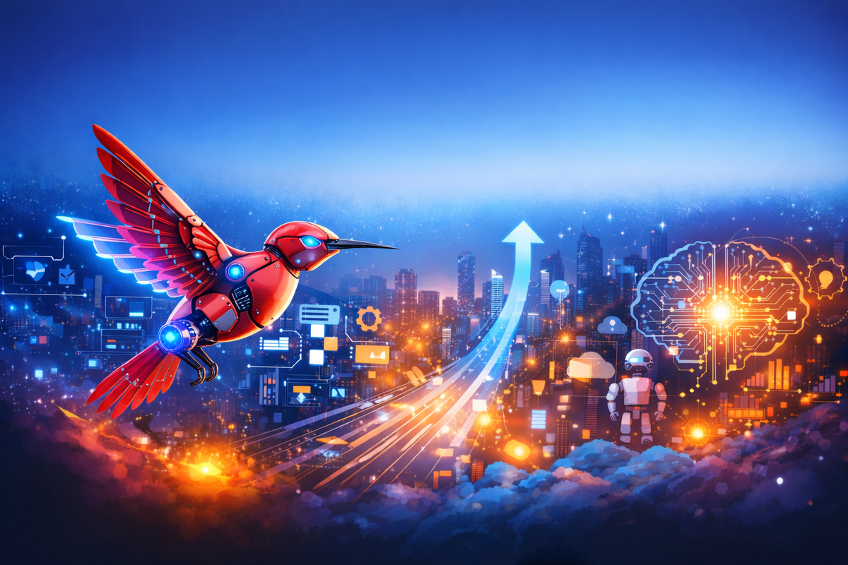 Robotic red hummingbird flying over a futuristic digital city representing AI-native RPA automation.
