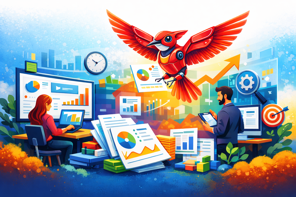 Illustration of a red robotic hummingbird delivering automated marketing reports to a team analyzing performance dashboard...