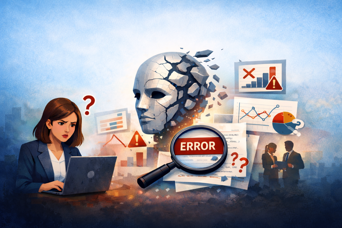 Illustration of a worried analyst using a laptop beside a cracked AI head with broken charts and warning symbols, represen...