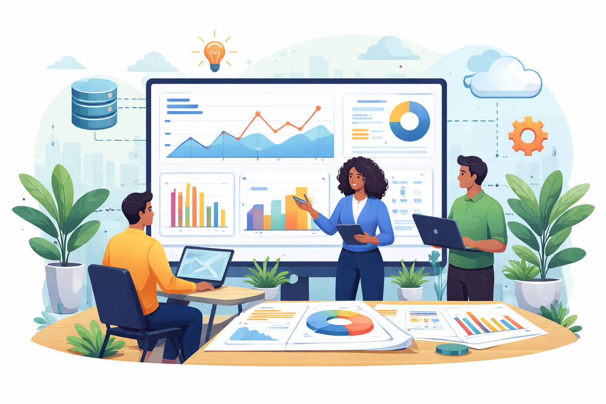 Team reviewing data dashboards and charts on a large screen in a modern office.