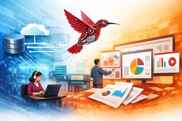 Illustration of a red robotic hummingbird flying between data servers and dashboards as business analysts review charts an...
