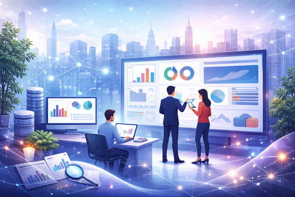 Enterprise team reviewing BI dashboards and analytics visualizations representing modern business intelligence tools.