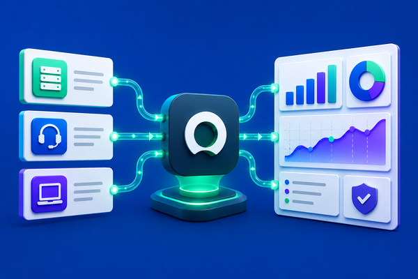 3D illustration of an ITSM data connector linking operational systems to analytics dashboards on a clean blue background.