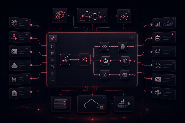 n8n-style workflow automation dashboard with interconnected nodes, AI tools, integrations, and data flows on a dark futuristic interface.