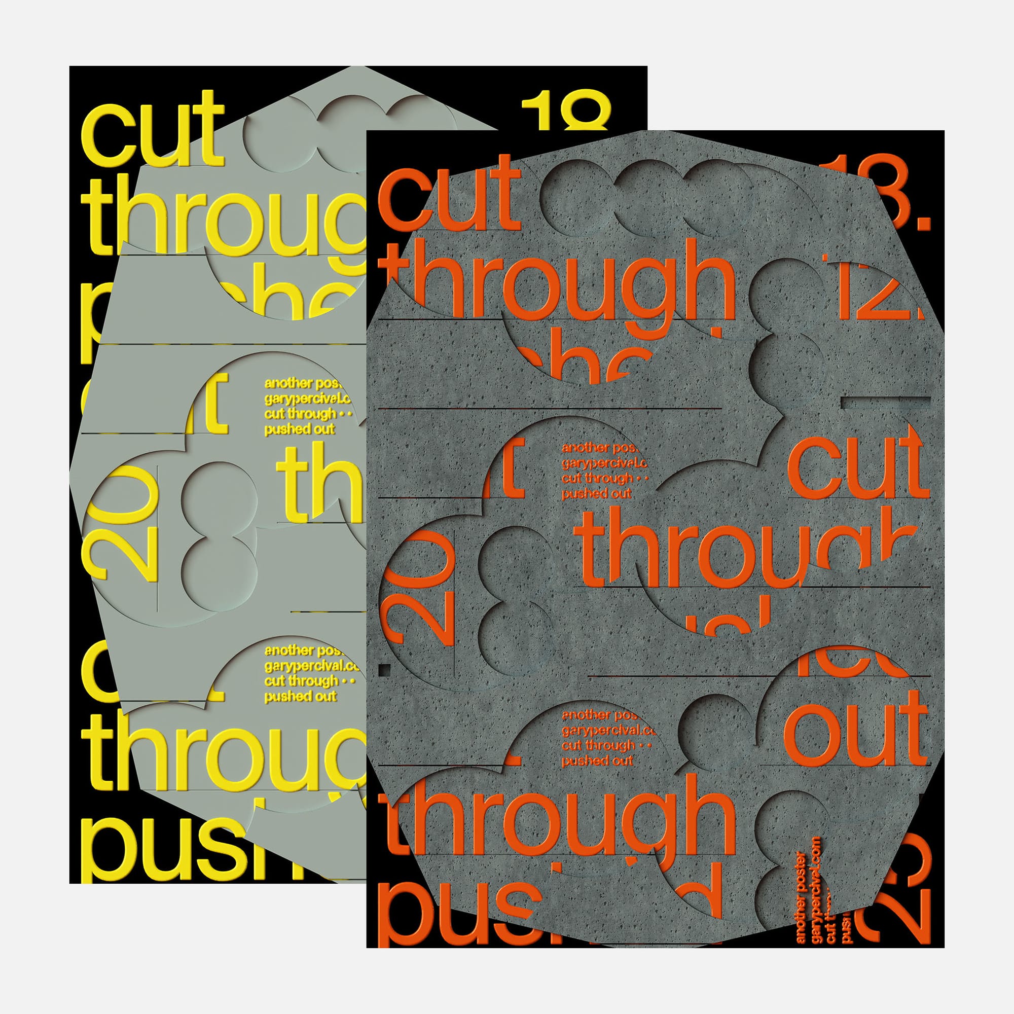 Two typographic posters with carved surfaces and circular cut-outs, revealing bold text beneath in contrasting yellow and orange.