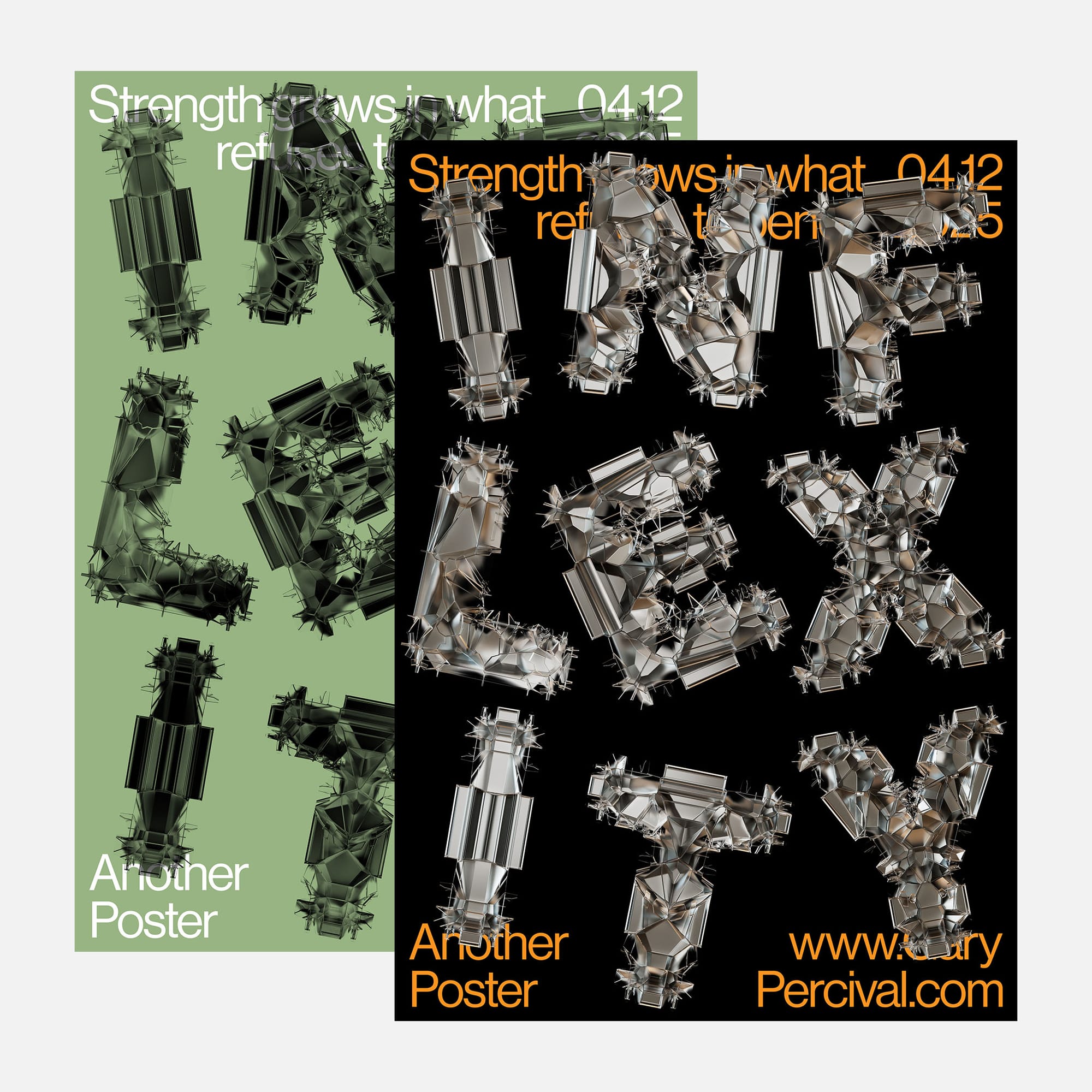Two Inflexity poster variants layered together 〰️ metallic shard-based letterforms on black and green backgrounds with the line ‘Strength grows in what refuses to bend.