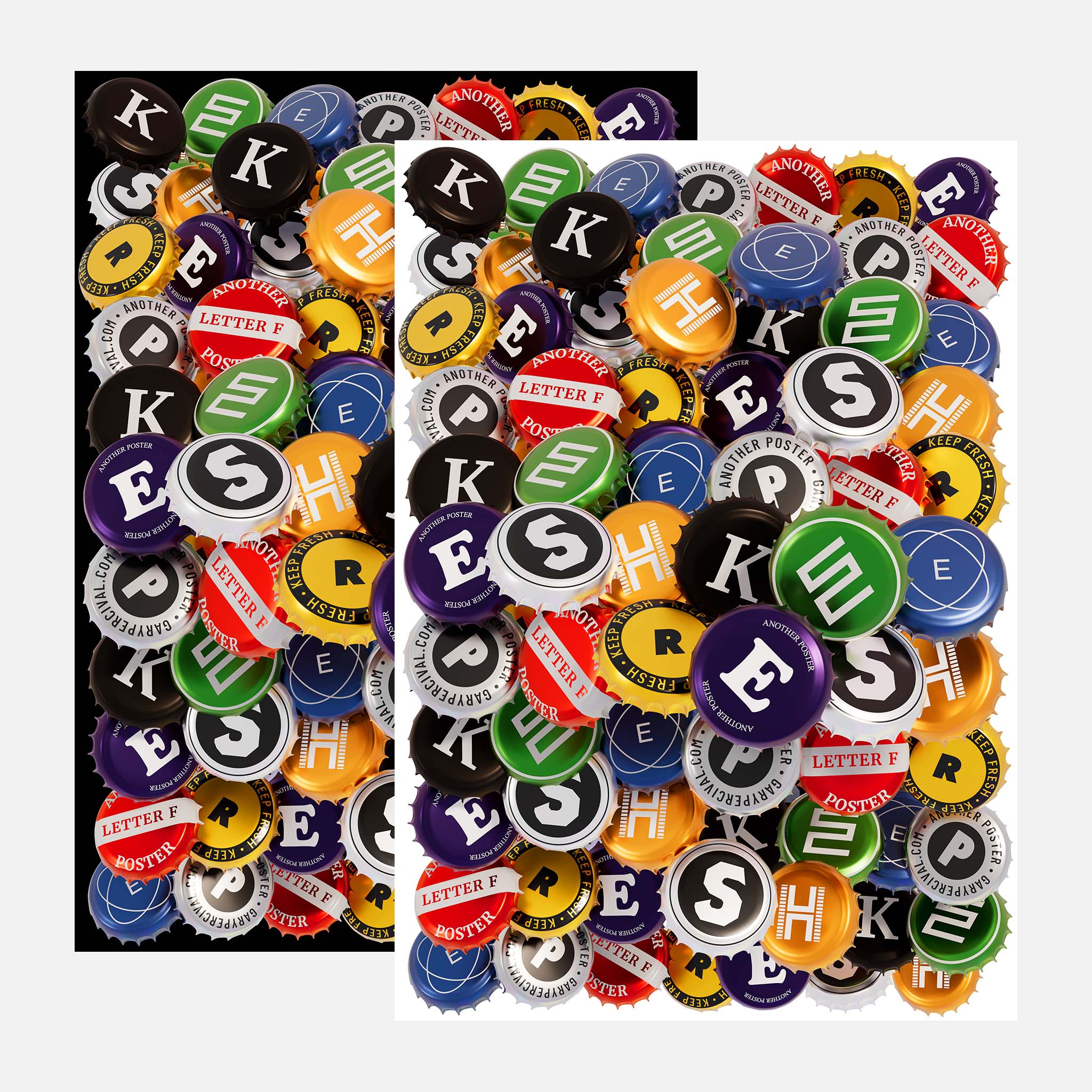 Two typographic poster variants made from overlapping bottle caps, one on a black background and one on white, showing colour and layout contrast