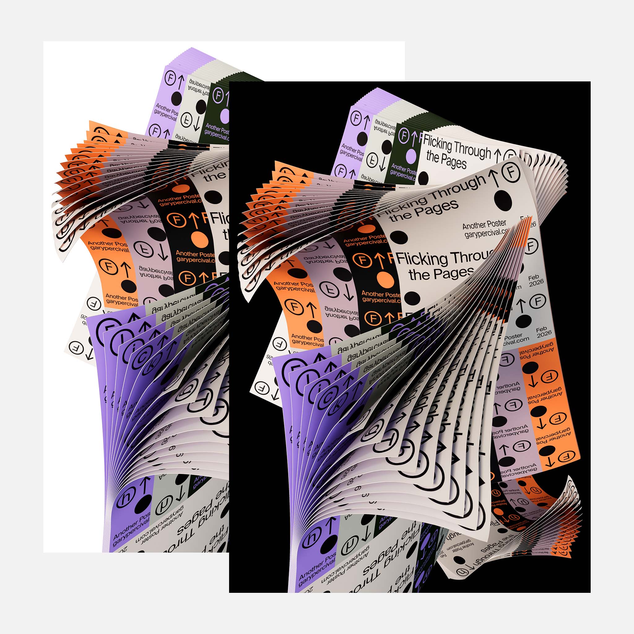 Two overlapping poster prints showing a twisting stack of typographic pages fanned in motion, with bold symbols and orange and violet accents.